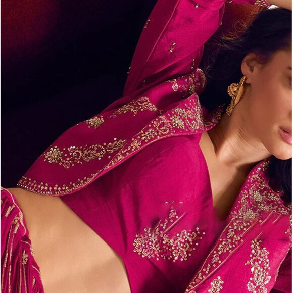 Magenta Pink Chinnon Silk Jacket Style Lehenga Choli - Picture 1 of 3